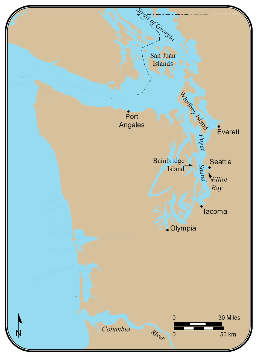 Map of the western Washington coast and Puget Sound showing Seattle, Everett, Tacoma, Olympia and nearby cities served by Angels Insulation LLC